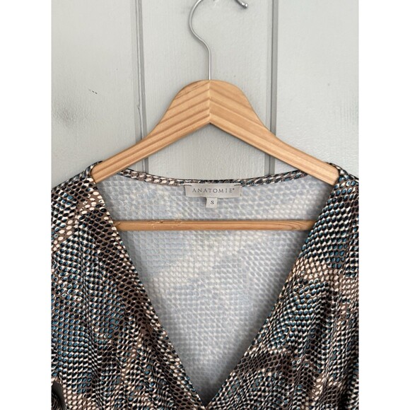 Anatomie Printed Marine Dress S Small Reptile Plaid Green Brown Faux Wrap 3/4 - Picture 3 of 7